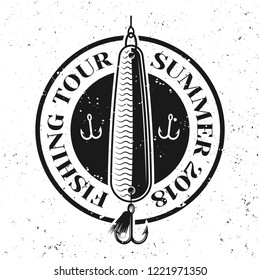 Fishing vector round emblem or badge with bait spoon isolated on white background with removable grunge texture