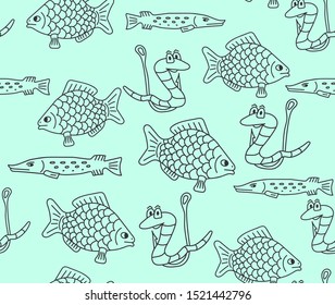 Fishing vector seamless pattern with funny handwritten worms on the fishing hooks and fish