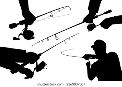Fishing vector silhouette. Illustration of spinning tackle in fisherman hands