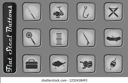 Fishing vector web icons on the flat steel buttons
