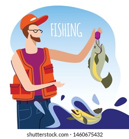 Fishing Vertical Banner, Fisherman in Orange Vest and Cap Holding Big Fish Hanging on Hook, Man Having Good Catch. Relaxing Hobby, Vacation, Leisure, Relax Activity Cartoon Flat Vector Illustration