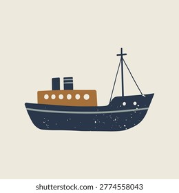 Fishing vessel with antenna and cabin in muted navy tones