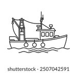 Fishing Vessel - boat for fish catching and trawling. Icon in thin line