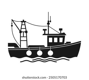 Fishing Vessel - boat for fish catching and trawling. Flat monochrome icon