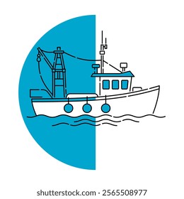 Fishing Vessel - boat for fish catching and trawling. emblem in thin line