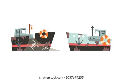 Fishing Vessel or Boat with Net and Steaming Funnel for Catching Fish in the Sea Vector Set