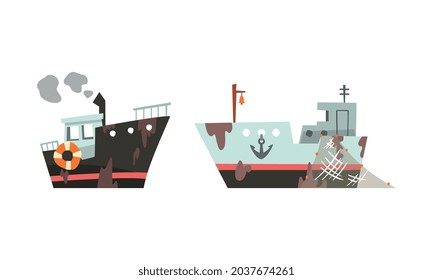 Buque de pesca o barco con red y embudo de vapor para la captura de peces en el conjunto de vectores marítimos