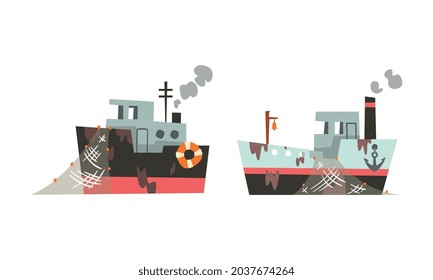 Fishing Vessel or Boat with Net and Steaming Funnel for Catching Fish in the Sea Vector Set
