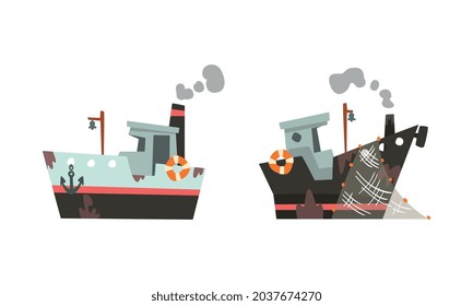 Fishing Vessel or Boat with Net and Steaming Funnel for Catching Fish in the Sea Vector Set