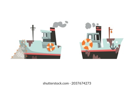 Fishing Vessel or Boat with Net and Steaming Funnel for Catching Fish in the Sea Vector Set