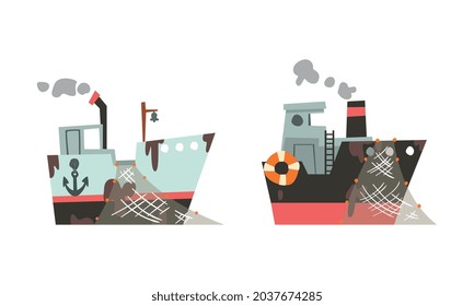 Fishing Vessel or Boat with Net and Steaming Funnel for Catching Fish in the Sea Vector Set