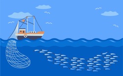 Fishing Vessel Catches School  Fish. Commercal Fishing. Vector Illustration.