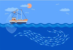 Fishing Vessel Catches School  Fish. Commercal Fishing. Vector Illustration. Banner