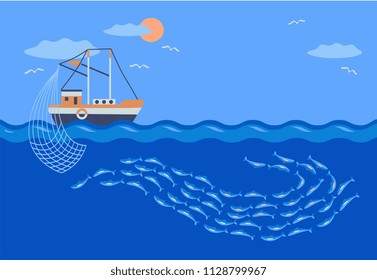 fishing vessel catches school  fish. commercal fishing. vector illustration. Banner