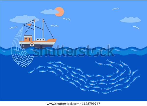 fishing vessel catches school  fish.\
commercal fishing. vector illustration.\
Banner