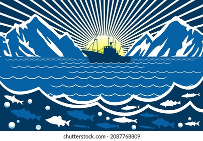 Fishing vessel, commercial fish against the backdrop of the sea, mountains and sunset.