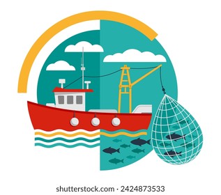 Fishing Vessel decorative flat illustration - boat for fish catching and trawling. Flat cartoon icon