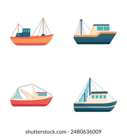 Iconos de barcos de pesca conjunto de dibujos animados Vector. Barco de pesca comercial. Transporte de agua