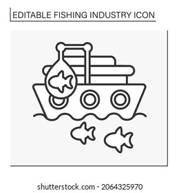  Fishing vessel line icon. Boat or ship for catching fish in sea, lake or river. Business. Fishing industry concept. Isolated vector illustration. Editable stroke