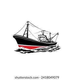 Fishing Vessel Monochrome Silhouette Vector Art Illustration. Fisherman Ship Boat Vector