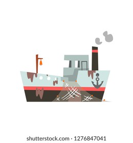 Fishing vessel with net for seafood production, retro marine steamer vector Illustration
