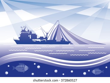 Fishing vessel with nets and fish on the background of sky and sea.