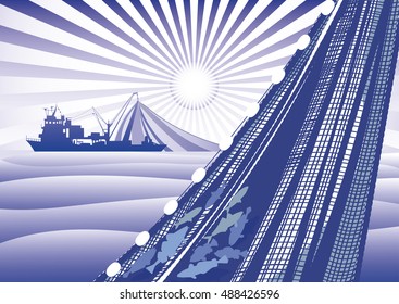 Fishing vessel and fishing nets with fish on the background of sea and sun.