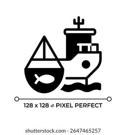 Fishing vessel pixel perfect glyph solid icon. Ship designed to catch fish and aquatic animals. Maritime transport type. Black silhouette symbol on negative space. Vector isolated illustration
