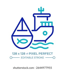 Fishing vessel pixel perfect two color line icon. Ship catching fish and aquatic animals. Maritime transport bicolor outline symbol. Duotone linear pictogram. Isolated illustration. Editable stroke