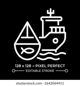 Fishing vessel pixel perfect white line icon in negative space. Ship designed to catch fish and aquatic animals. Maritime transport. Monochrome linear symbol on black background. Editable stroke