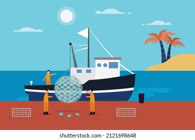 Fischereifahrzeug im Hafen mit Fisch2d-Flavektor-Vektorgrafik-Konzept für Banner, Website, Landungsseite, Werbung, Flugblatt-Vorlage