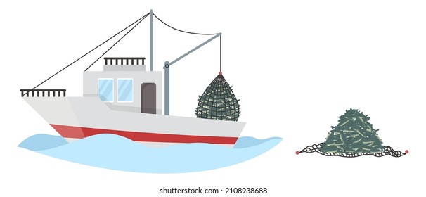 Fishing vessel pulling net full of sea fish out of water, flat vector illustration. Commercial fishing, seafood industry.