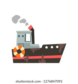 Fishing vessel, ship for seafood production, retro marine steamer vector Illustration