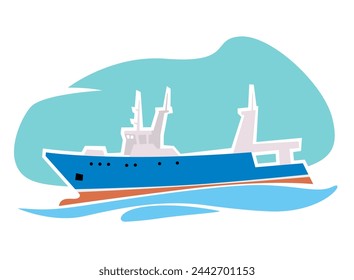 Fishing vessel. Stern fishing Trawler. Vector image for prints, poster and illustrations.