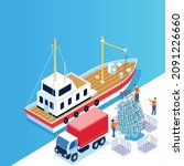 Fishing vessel is unloading at dock isometric 3d vector concept for banner, website, illustration, landing page, flyer, etc.