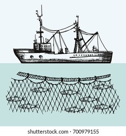 Fishing vessel vector. Fisheries. Fish in the fishing net, hand drawing illustration