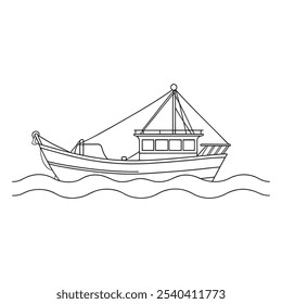 
Fishing Vessel Water Transport isolated continuous line art flat vector illustration on white background.