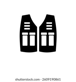 Fishing Vest, Hunting Jacket, Camping Clothing Solid Flat Vector Icon Isolated on White Background.