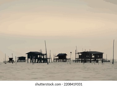 A fishing village built a house in the middle of the sea, Vector image.