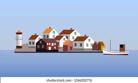 Fishing village in the swedish west coast, vector illustration.