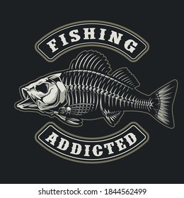 Fishing vintage badge with inscriptions and perch skeleton on dark background isolated vector illustration