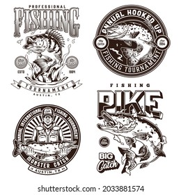 Fishing vintage badges in monochrome style with rainbow trout pike perch fishes and smiling fisher holding big catch isolated vector illustration