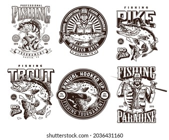 Fishing vintage badges set with letterings trout perch pike in water splashes smiling anglers holding caught fishes in monochrome style isolated vector illustration