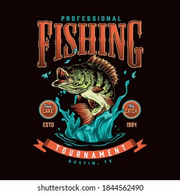 Fishing vintage colorful label with bass fish in water splashes isolated vector illustration