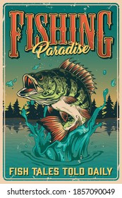 Fishing vintage colorful poster with big bass fish jumping out of pond vector illustration