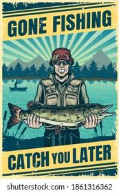 Fishing vintage colorful poster with happy fisherman in sunglasses and panama hat holding pike on lake forest and mountains landscape vector illustration