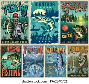 Colección de afiches de color vintage con pescadores y peces de trucha arco iris con perchas de lucio en paisajes naturales ilustración vectorial