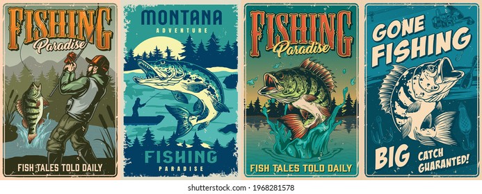 Fishing vintage colorful posters set with big bass and pike fishes and bearded fisherman caught perch in pond vector illustration