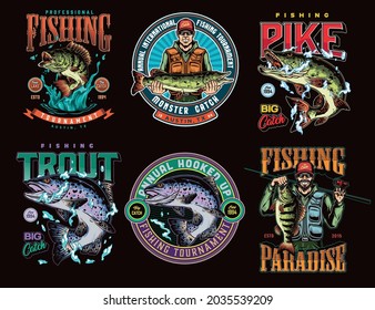 Fishing vintage colorful prints with inscriptions rainbow trouts pike perch smiling fishermen in sunglasses and baseball caps with big catch isolated vector illustration