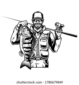 Fishing vintage monochrome concept with smiling bearded and mustached fisherman holding perch and spinning rod isolated vector illustration